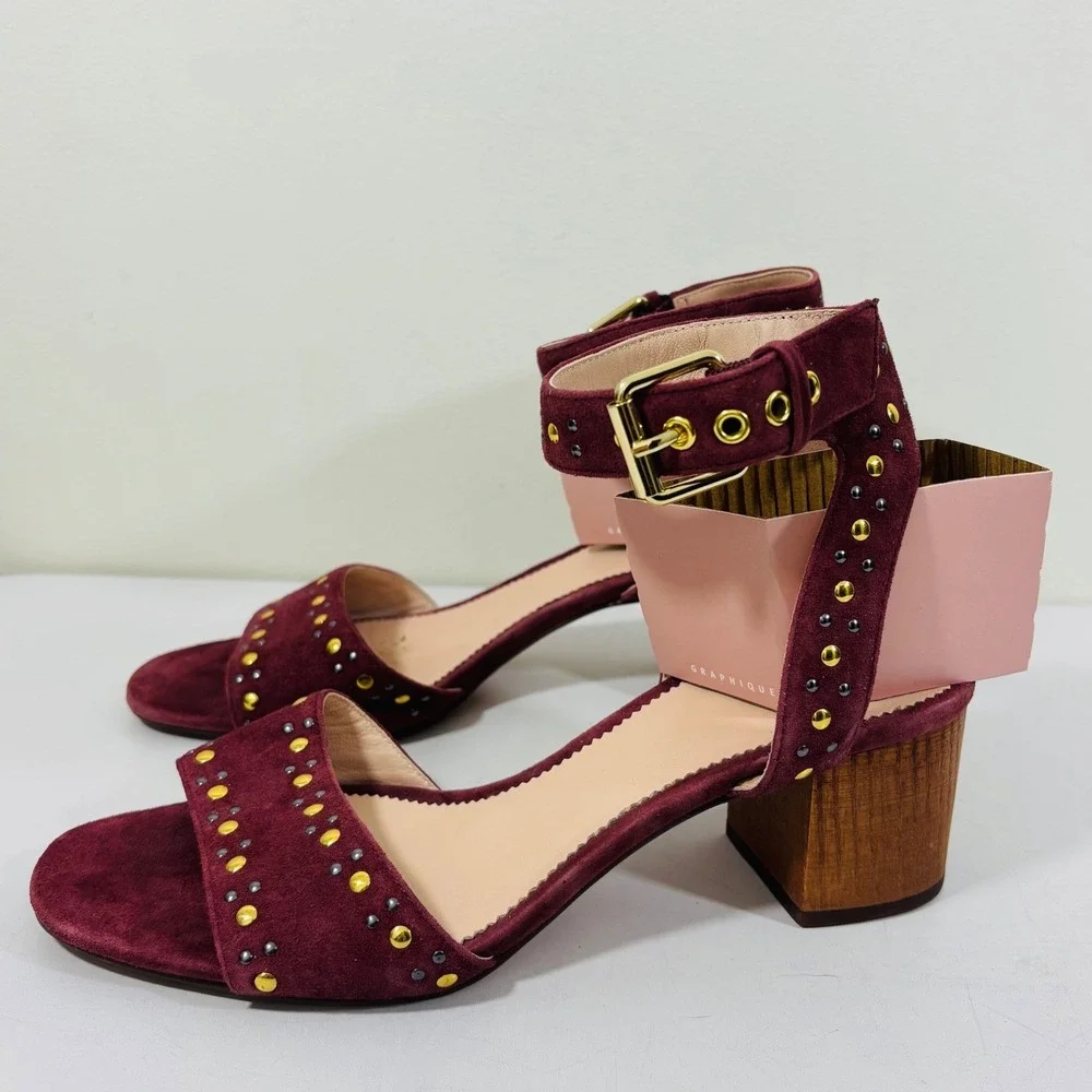 J. Crew Women's Penny Sandals in Gold & Violet Studded Burgundy Suede Women's 8